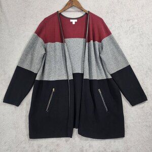Charter Club Women Colorblock Cardigan 1X 100% Cotton  Faux Leather Trim